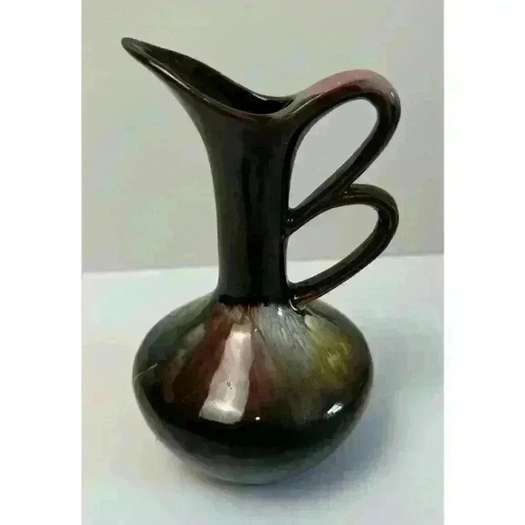 Vintage MCM Ceramic Cruet Pink Blue Gold Silver Drip Glaze Brown base Redware - Picture 2 of 10